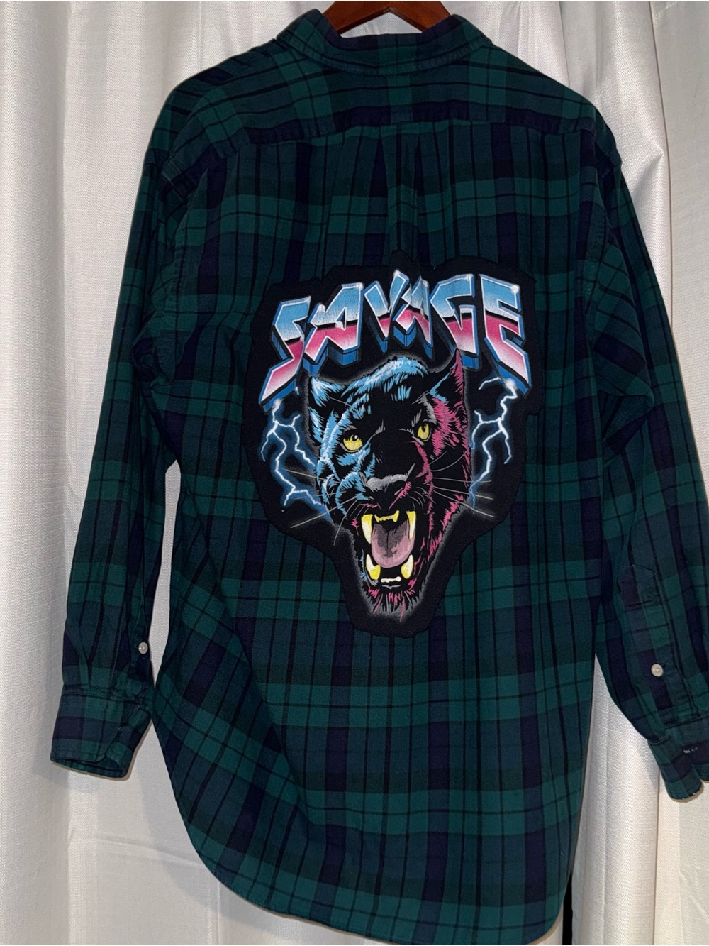 Ralph Lauren Blaire Flannel Reworked Savage Panther Patch Plaid M - Picture 4 of 5